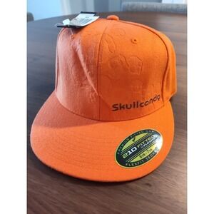 Skullcandy 210 Fitted Flexfit Hat Neon Orange Embossed Skull Flat Brim Cap S/M